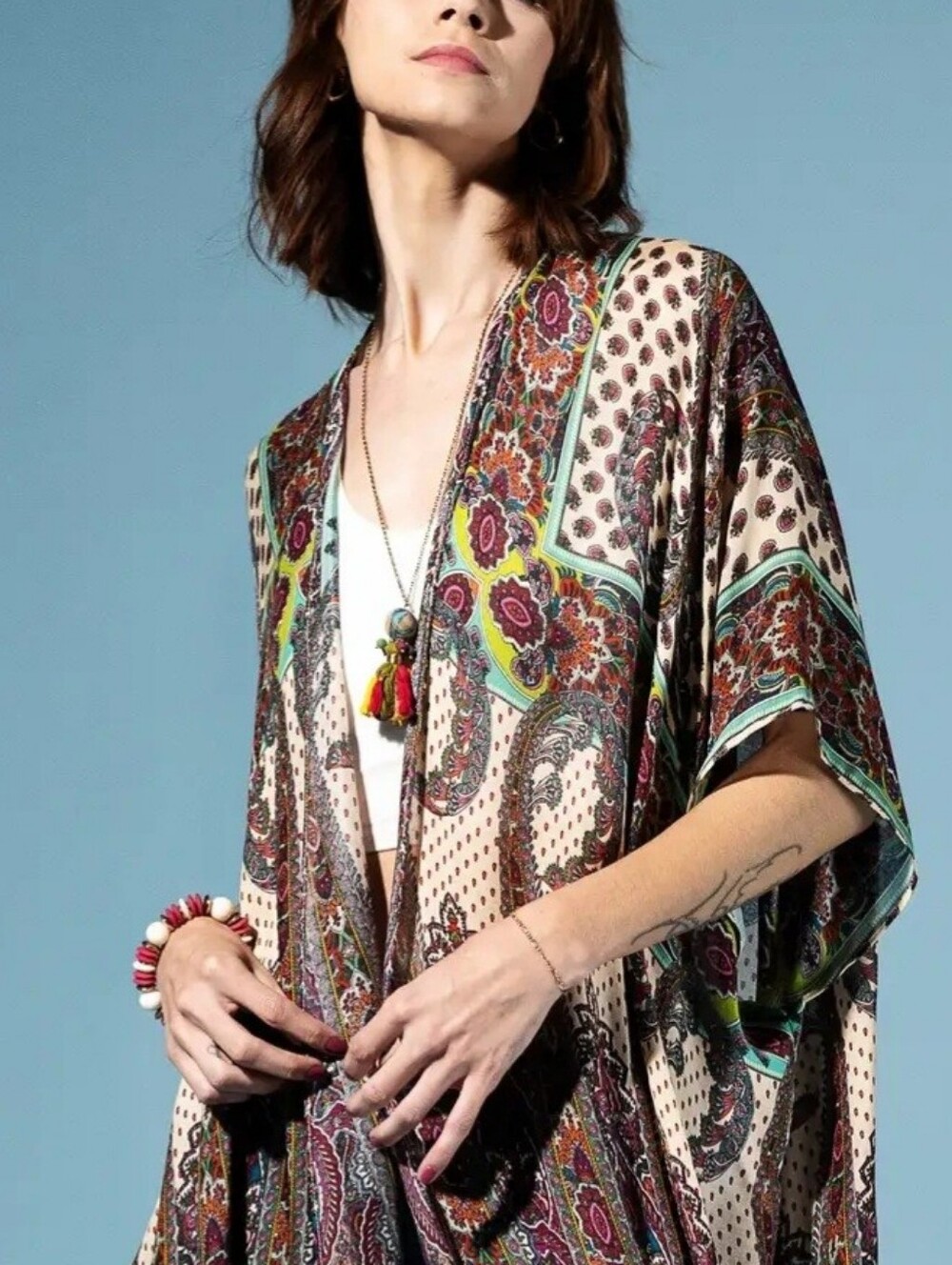 Boho Paisley Kimono Cardigan in Cream & Multi